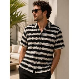 NWT MASSIVE LUXURY Woven Crochet Camp Shirt Resort Black Cream Medium